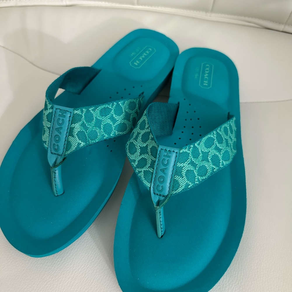 Coach Teal Patterned Logo Thong Sandals